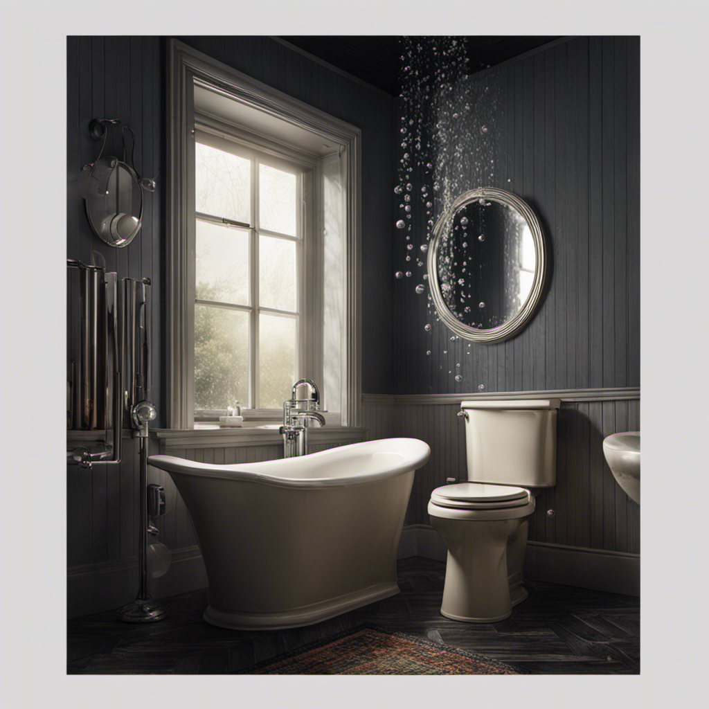 An image capturing the scene of a perplexed homeowner standing in a dimly lit bathroom, eyes widened and hand covering their mouth, as water bubbles up from the toilet bowl, producing a sharp, eerie gurgling sound