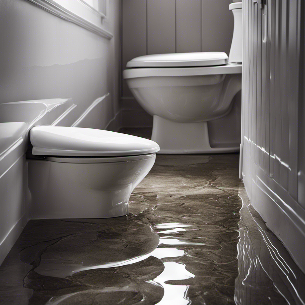 An image capturing a close-up of a bathroom floor with water pooling around the base of a toilet