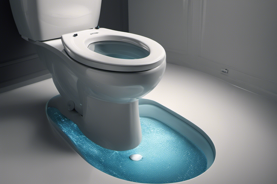 An image showcasing a close-up view of a toilet's base with visible water droplets pooling around the floor