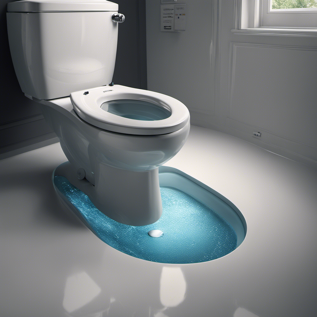 An image showcasing a close-up view of a toilet's base with visible water droplets pooling around the floor