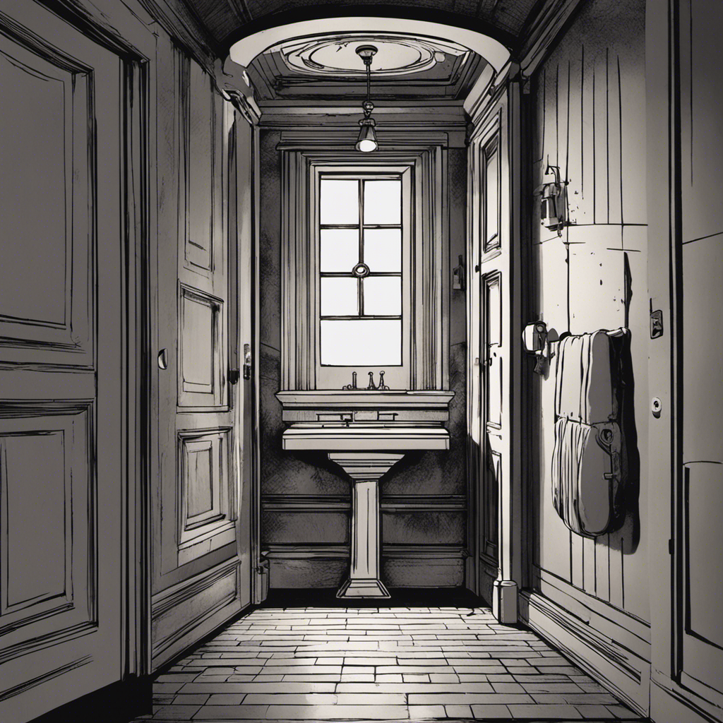 An image showcasing a dimly lit bathroom with a partially closed door