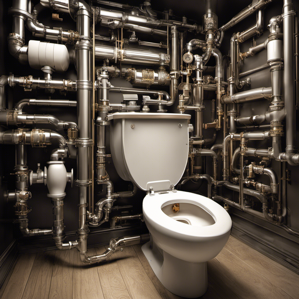 An image capturing the intricate mechanisms inside a toilet, showing water flowing through pipes, a flapper valve in motion, and a fill valve regulating water level, illustrating the various possible reasons behind a noisy toilet