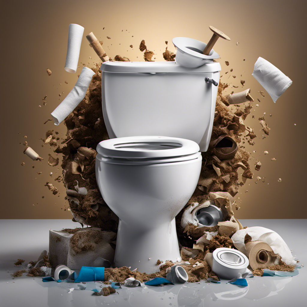 An image depicting a close-up view of a clogged toilet bowl with water at the brim, showing a plunger stuck inside, surrounded by toilet paper and other debris