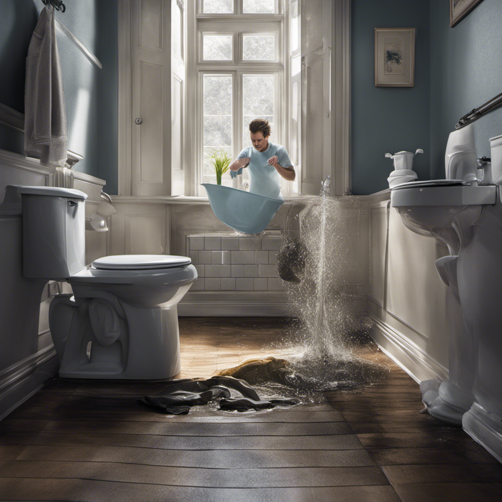 An image of a frustrated person wearing rubber gloves, desperately plunging a toilet, while water overflows onto the bathroom floor, highlighting the struggle and confusion of unclogging a stubborn toilet