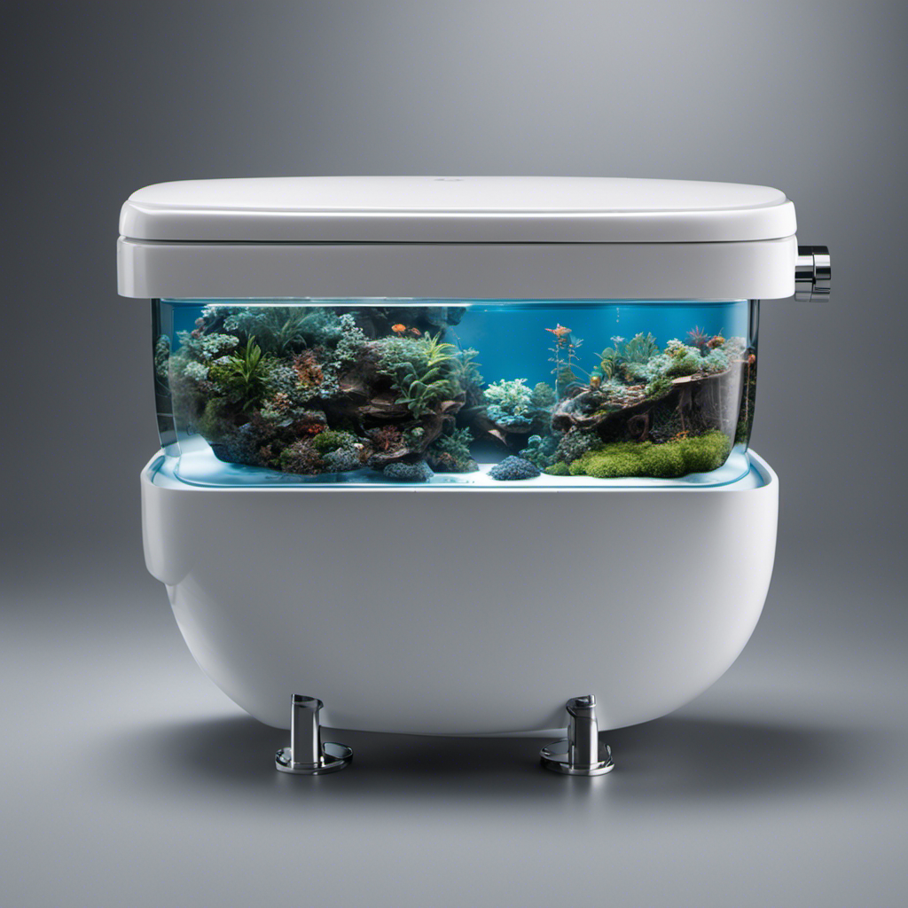 An image capturing a close-up view of a toilet tank with a transparent lid, revealing the intricate mechanisms within