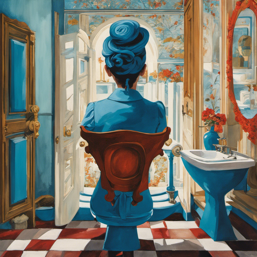 An image showcasing a perplexed individual in a bathroom, staring at a toilet seat vividly painted in mesmerizing shades of blue, prompting intrigue and curiosity about the unconventional color choice