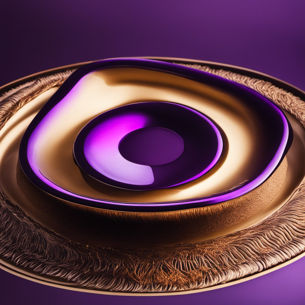An image showcasing a close-up of a toilet seat, where vibrant shades of purple gradually blend into one another, revealing the mysterious transformation