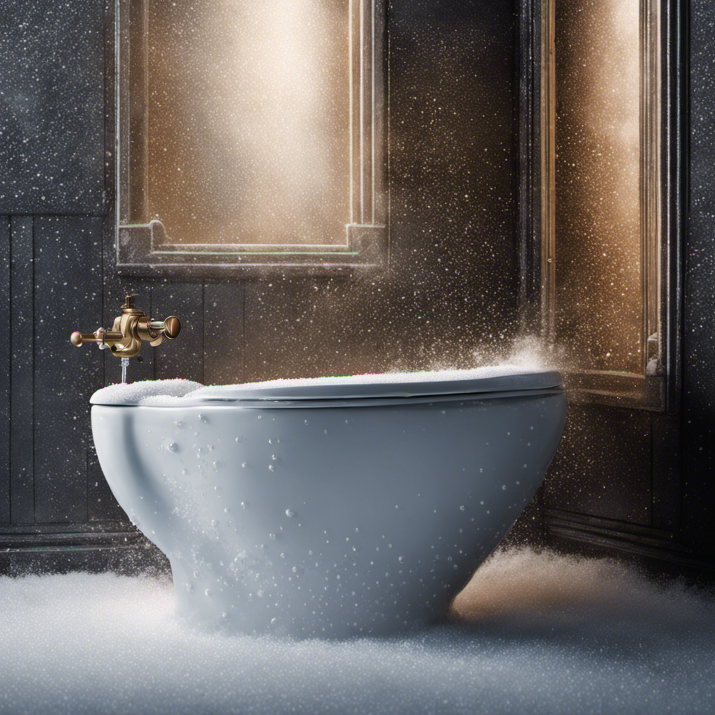 An image showcasing a bathroom scene in winter, depicting a toilet tank covered in condensation droplets, glistening on its surface, with steam rising from the bowl, surrounded by frosty tiles
