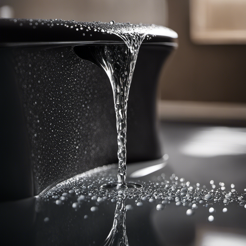 An image capturing a close-up of a toilet tank covered in condensation, showcasing droplets trickling down the sides