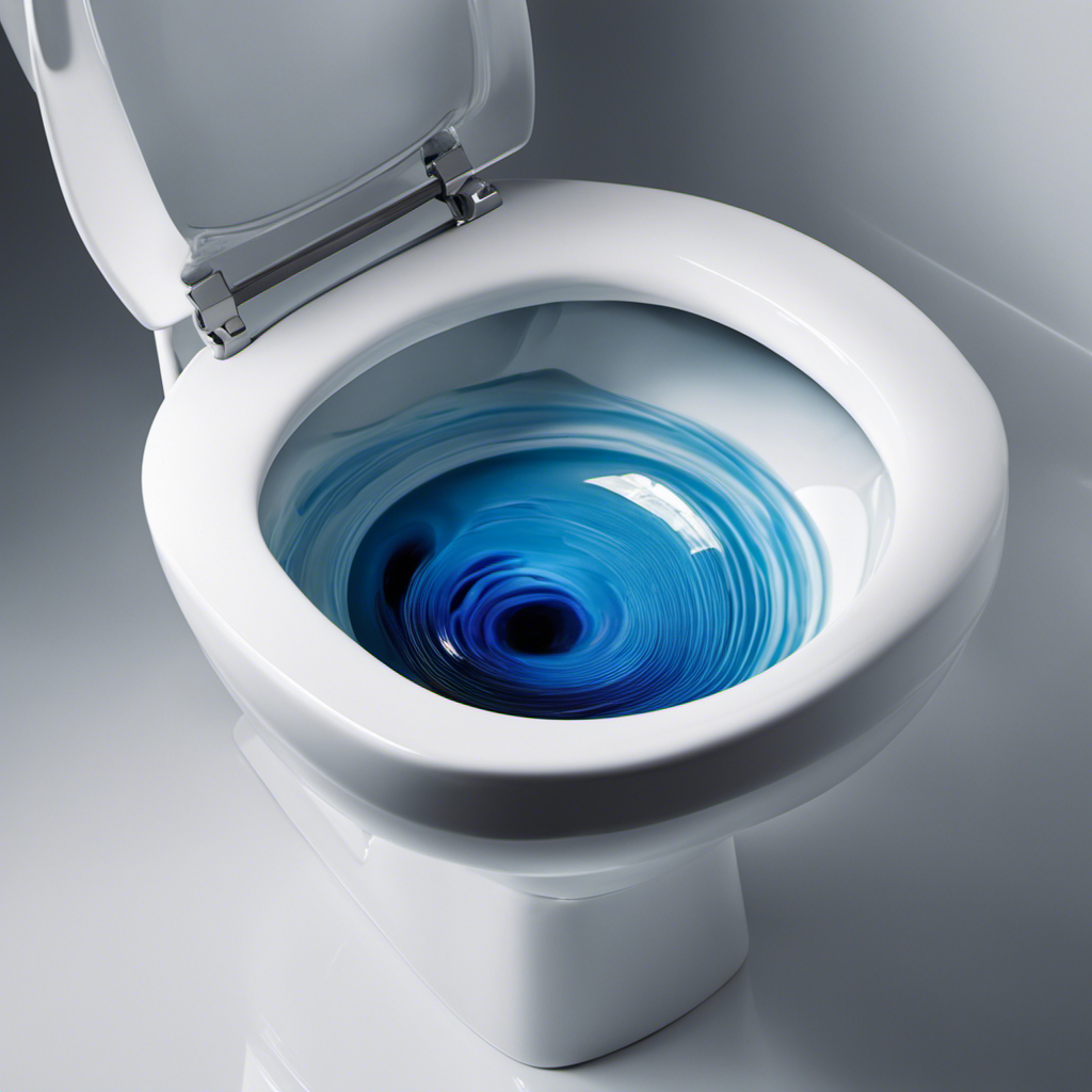 An image depicting a close-up view inside a toilet bowl with vivid blue water reflecting off the porcelain surface
