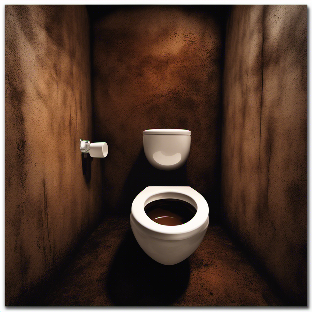 An image that displays a close-up view of a toilet bowl filled with murky, brown water