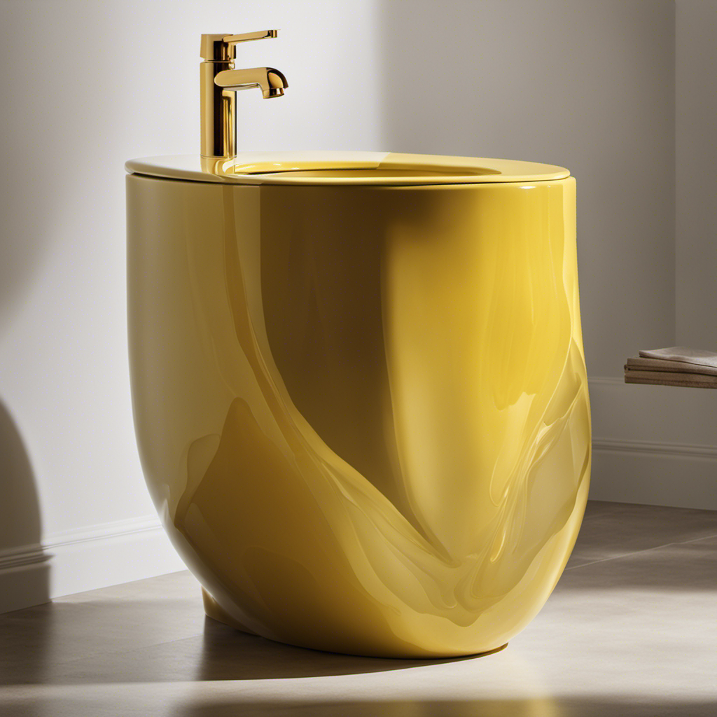 An image of a porcelain toilet bowl filled with yellow-tinted water, showcasing a close-up view of the vibrant hue