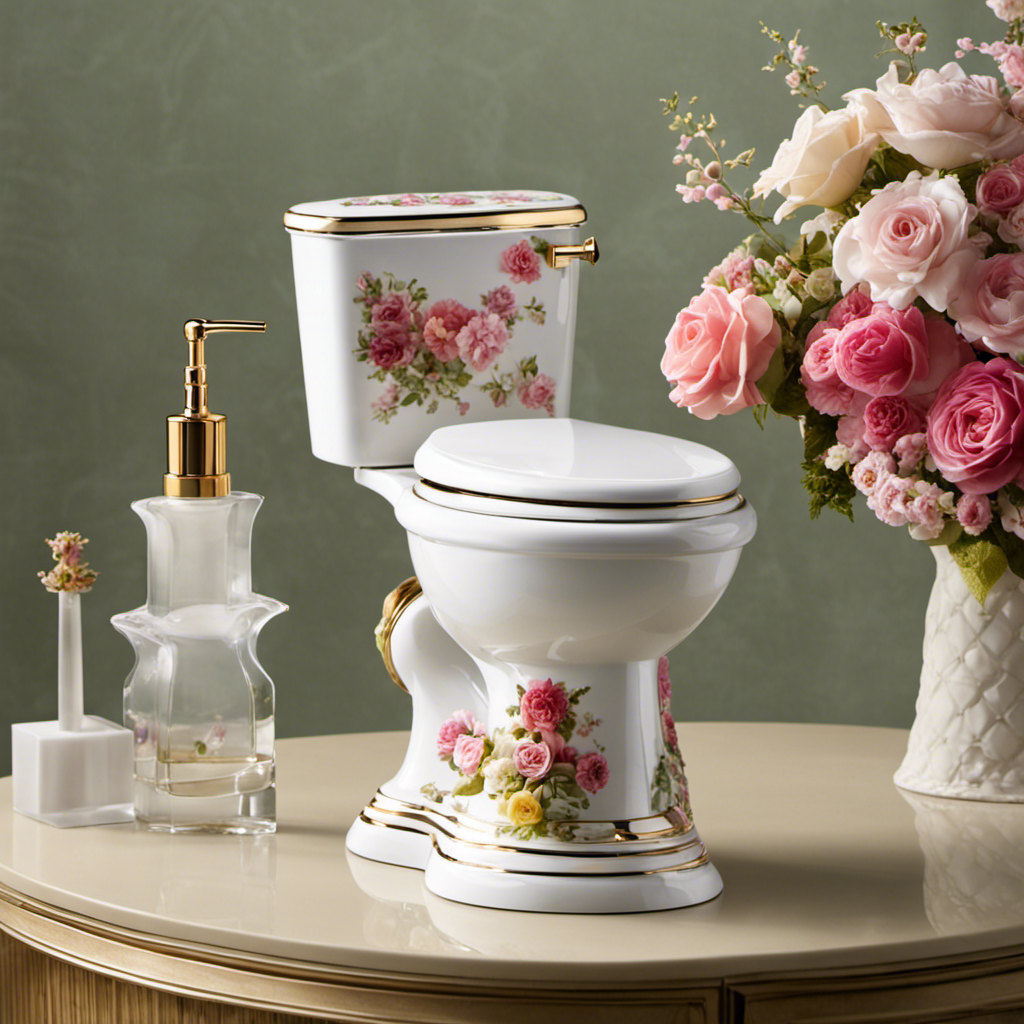 An image featuring a vintage-style porcelain toilet with a transparent tank filled with beautifully scented flowers and a delicate fragrance mist swirling around it, symbolizing the intriguing history behind why perfume is called "toilet water