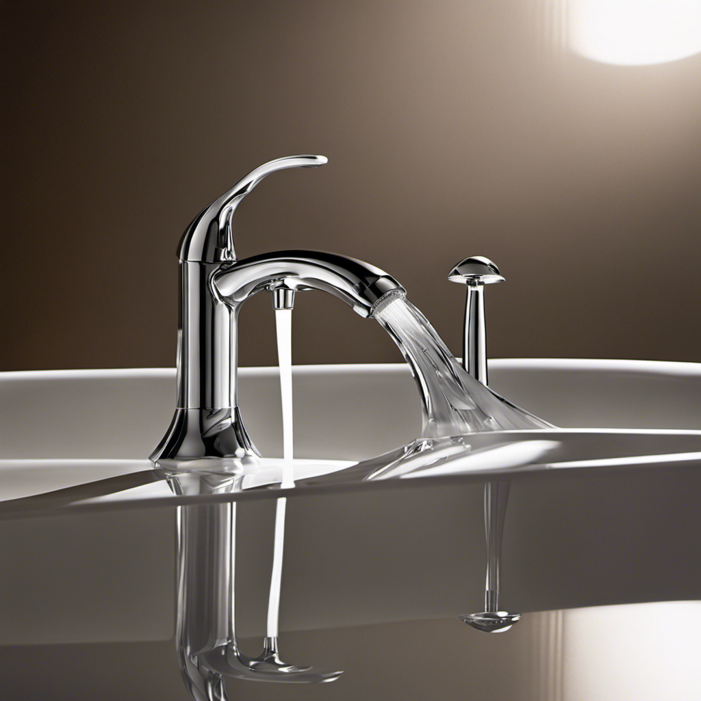 An image capturing a close-up of a chrome bathtub faucet, with a single droplet delicately clinging to the tip, mid-drip