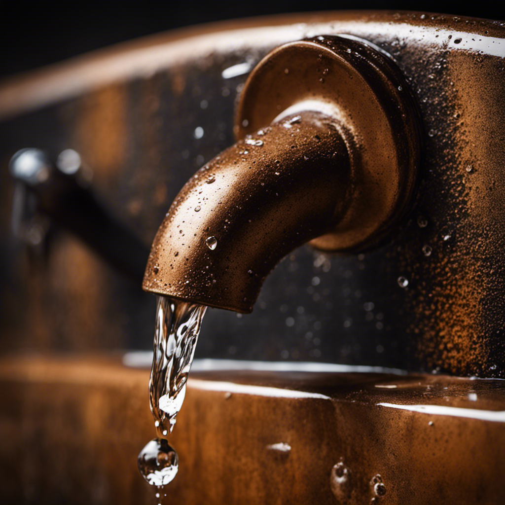 An image that showcases a close-up of a rusty bathtub faucet with drops of water falling from the leak, forming small puddles on the grimy tile floor