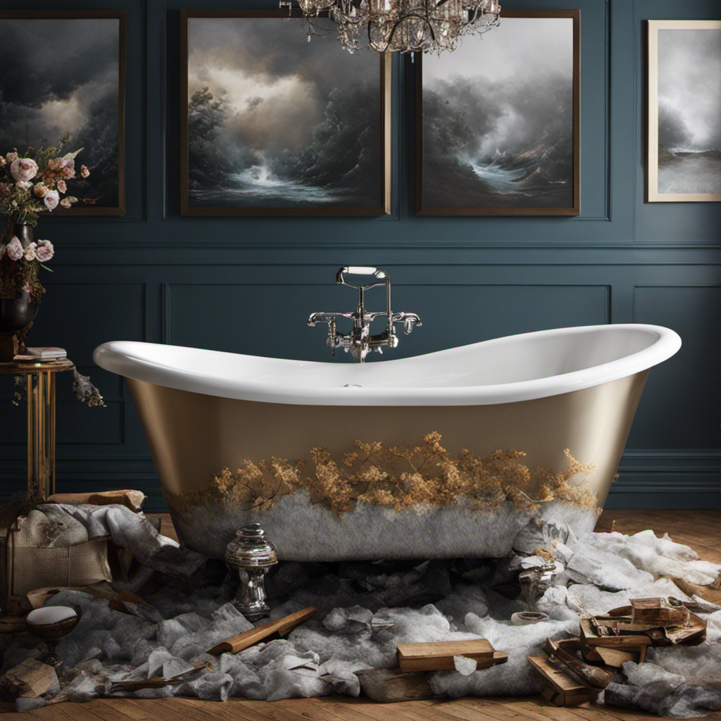 An image capturing the tranquil strength of a bathtub nestled in a bathroom, surrounded by debris scattered by a powerful tornado outside