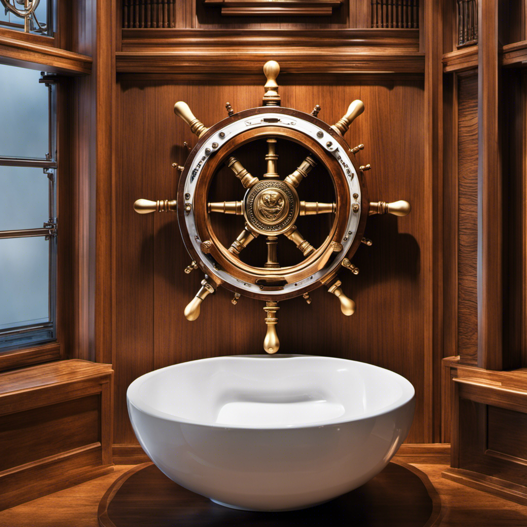 A visually captivating image showcasing a vintage ship's helm creatively integrated with a modern toilet
