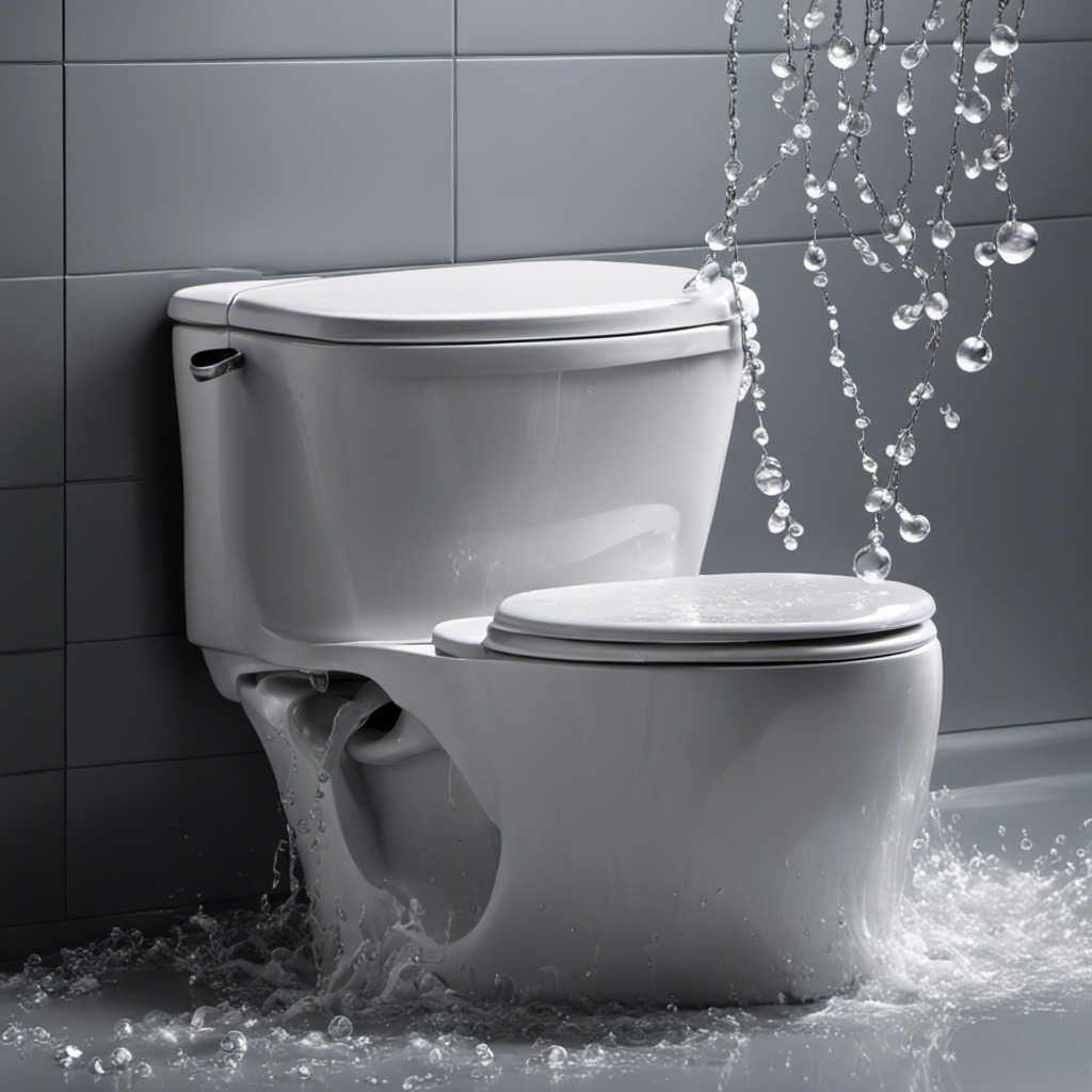 An image showcasing a bathroom scene: a toilet tank lid lifted, revealing a tangled mess of a malfunctioning chain, water droplets splashing, a puzzled expression