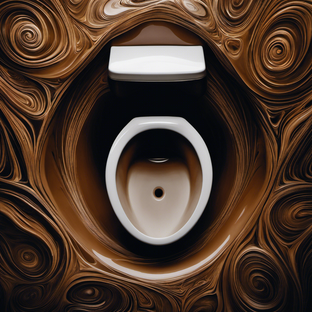 An image featuring a close-up view of a toilet bowl filled with murky brown water, revealing intricate swirls and patterns, highlighting the enigma of why the water has turned this unsettling color