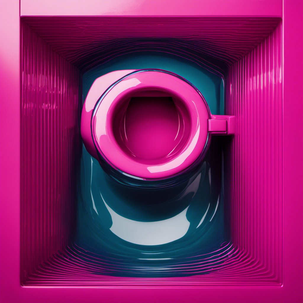 An image showcasing a close-up view of a toilet bowl, with a vivid pink ring forming just below the waterline