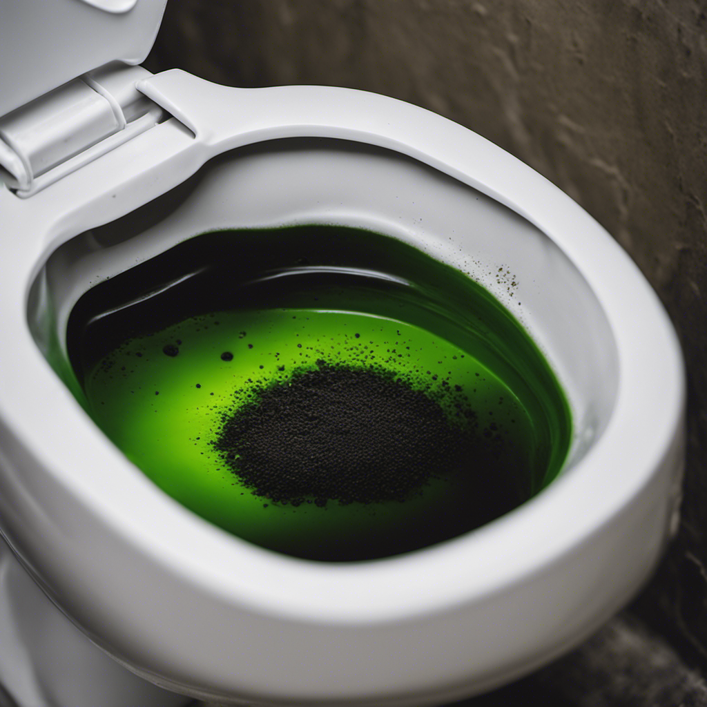 An image featuring a close-up of a grimy toilet bowl, showcasing black and green mold growth around the edges