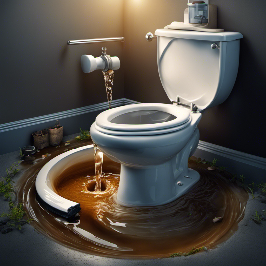 An image showcasing a clogged toilet with overflowing water, a plunger nearby, and a frustrated person desperately trying to flush it