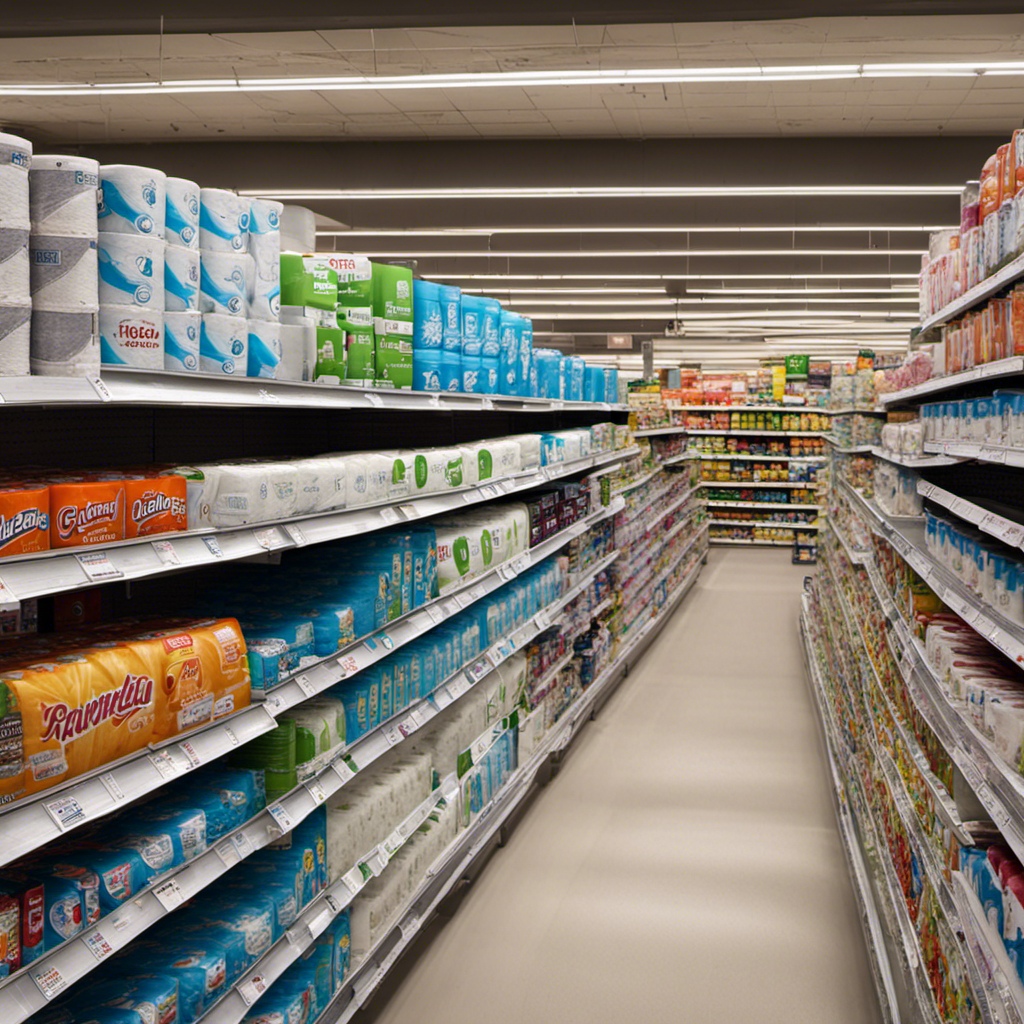 An image showcasing a crowded supermarket aisle filled with shelves stacked high with luxurious, plush toilet paper brands, while a single roll of plain, basic toilet paper is priced exorbitantly higher