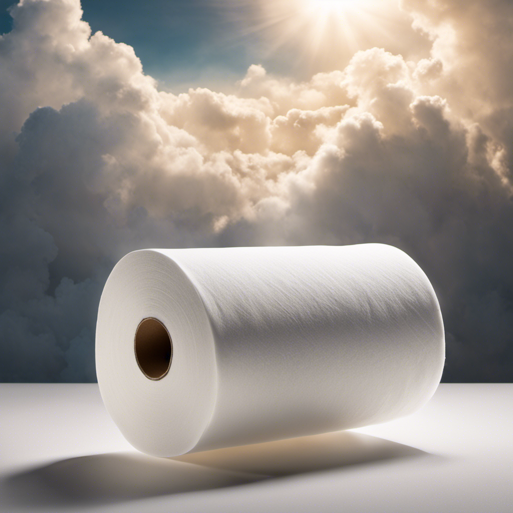 An image depicting a pristine white toilet paper roll suspended in mid-air, surrounded by soft, fluffy clouds