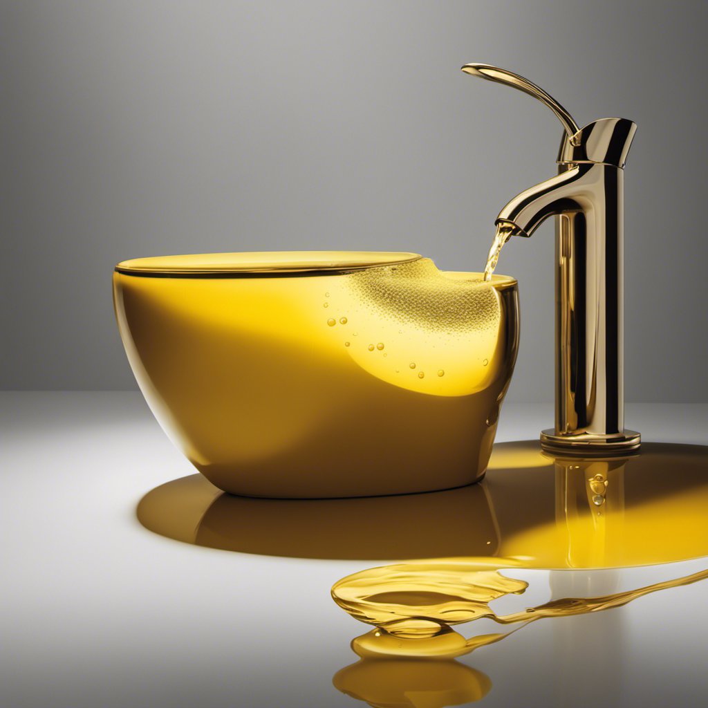 An image that showcases a close-up view of a toilet bowl filled with yellow-tinted water, capturing the subtleties of light reflecting off the liquid's surface, inviting intrigue about the reasons behind this phenomenon