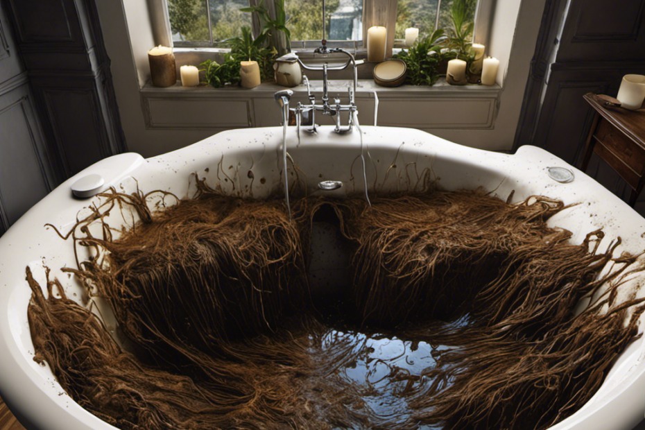 An image depicting a fully submerged bathtub, with a clogged drain covered by a tangled mess of hair, soap scum, and debris