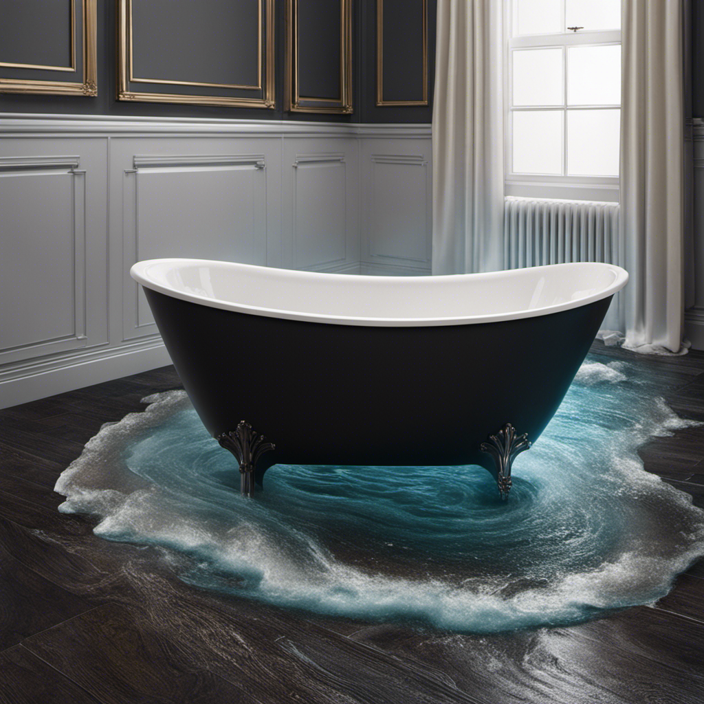An image showcasing a bathroom floor with a bathtub visibly leaking water