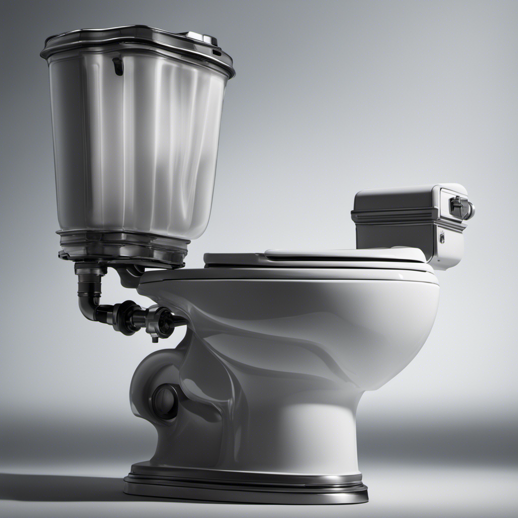 An image showcasing a close-up view of a toilet tank, with a clear focus on the disconnected or malfunctioning valve