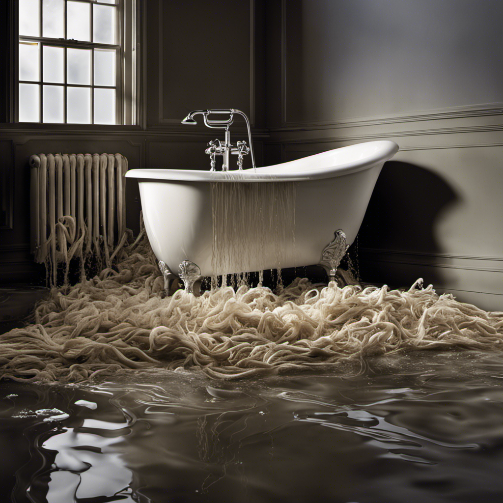 An image capturing the frustration of a person in a bathroom, gazing at a stagnant bathtub filled with standing water, while a tangled mass of hair and debris blocks the drain, casting shadows on the porcelain surface