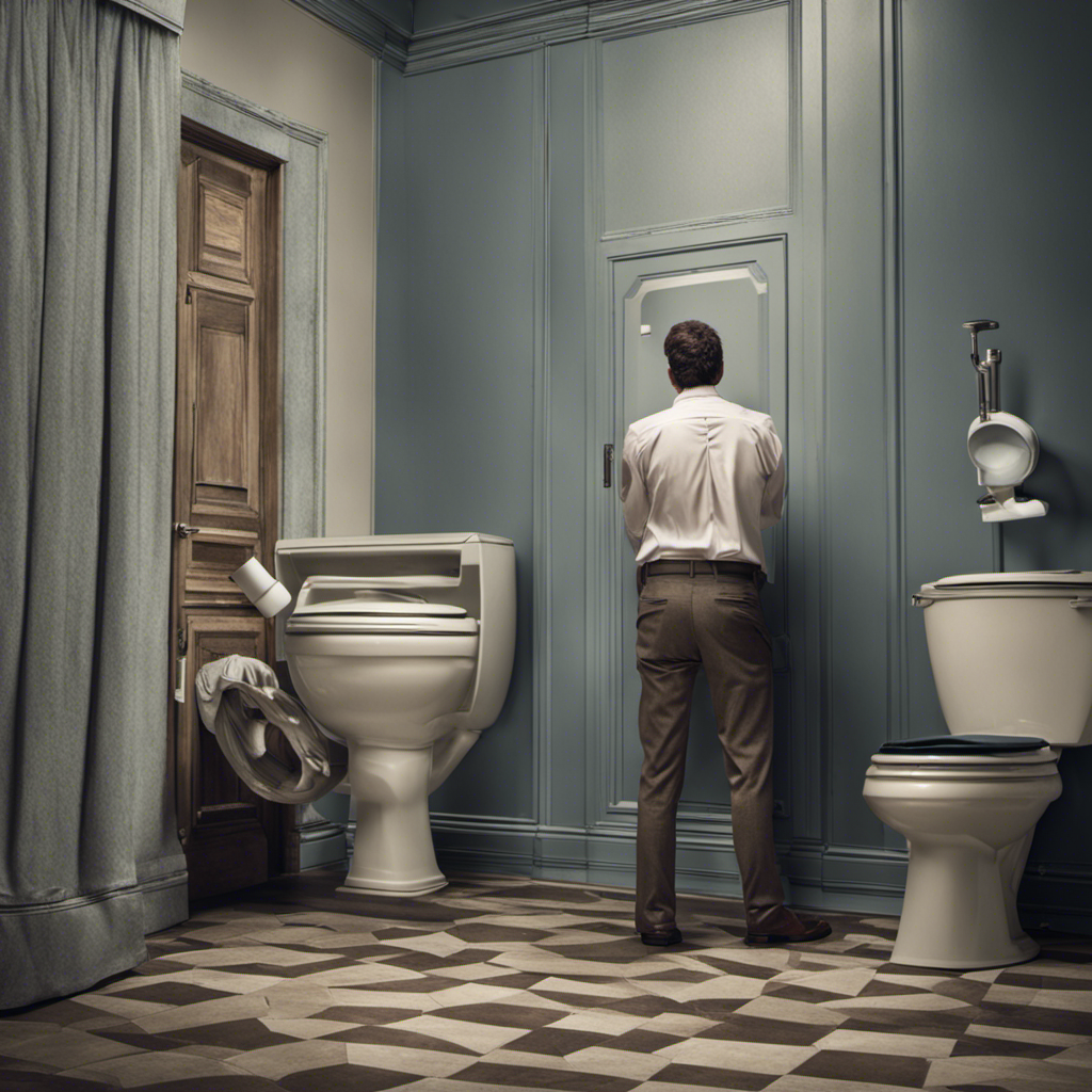 An image showcasing a frustrated person standing in front of a non-flushing toilet, with a puzzled expression, while holding a plunger in one hand and a toilet tank lid in the other