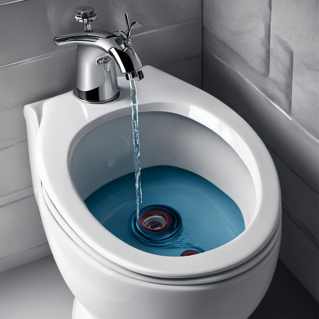 An image illustrating a toilet tank with an open lid, showcasing a disconnected or malfunctioning water supply valve