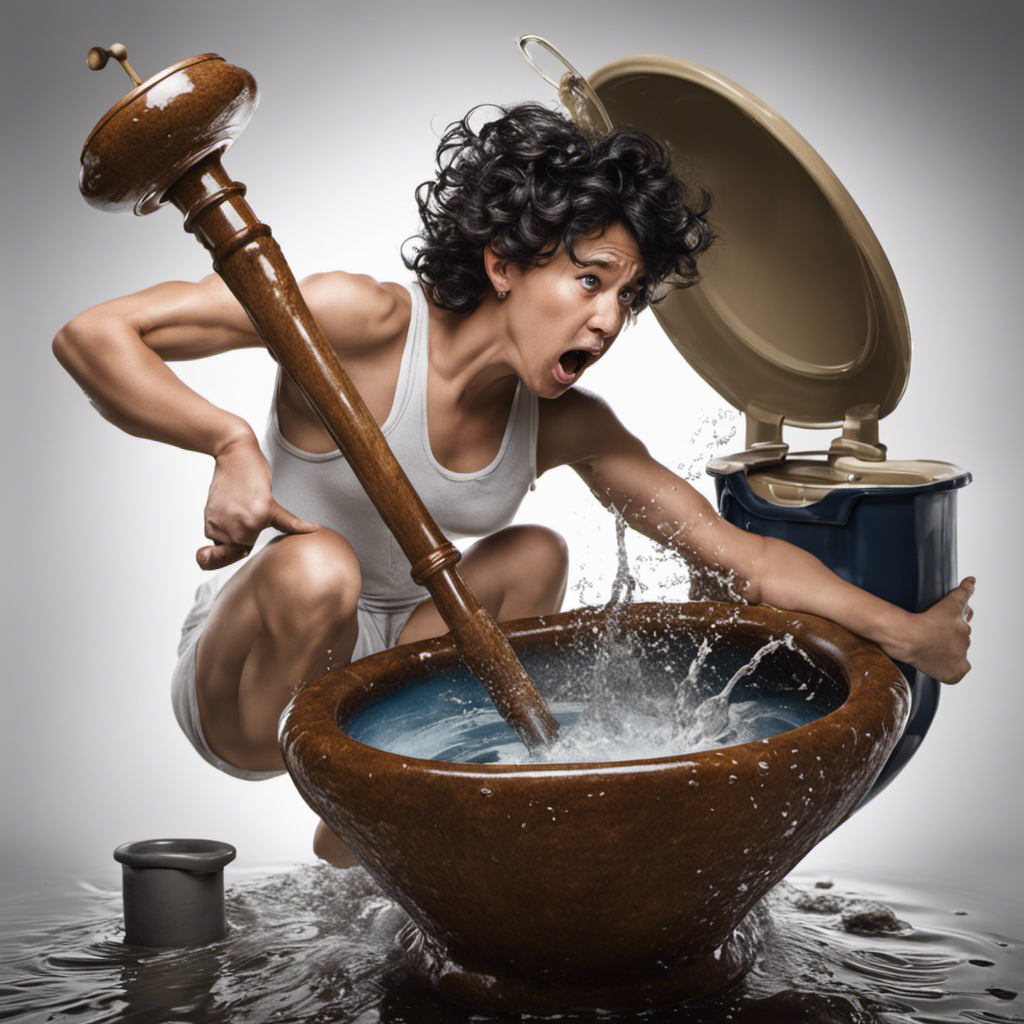 An image showcasing a frustrated person holding a plunger, desperately trying to unclog a toilet