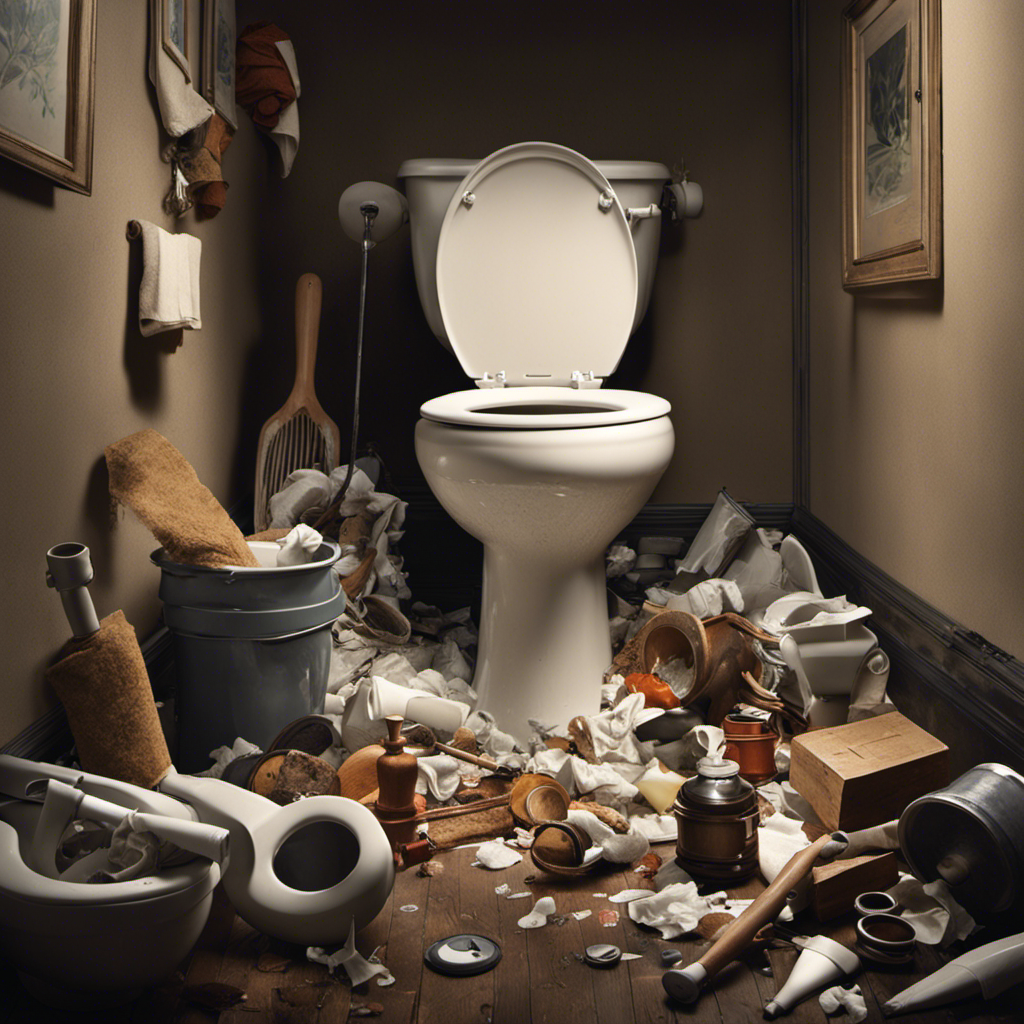 An image capturing the frustration of a person holding a plunger, gazing at a stubbornly clogged toilet, surrounded by scattered tools, overflowing water, and crumpled tissues, emphasizing the exasperating struggle of unclogging