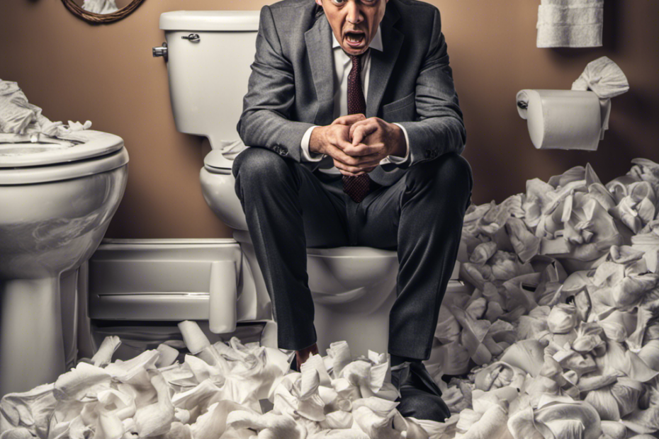 An image showing a frustrated person, surrounded by a clogged toilet filled with tissues, a plunger lying nearby, and a worried expression on their face, symbolizing the struggle of a non-flushing toilet