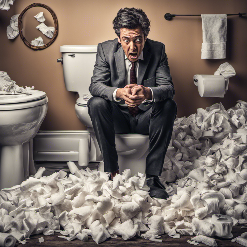 An image showing a frustrated person, surrounded by a clogged toilet filled with tissues, a plunger lying nearby, and a worried expression on their face, symbolizing the struggle of a non-flushing toilet