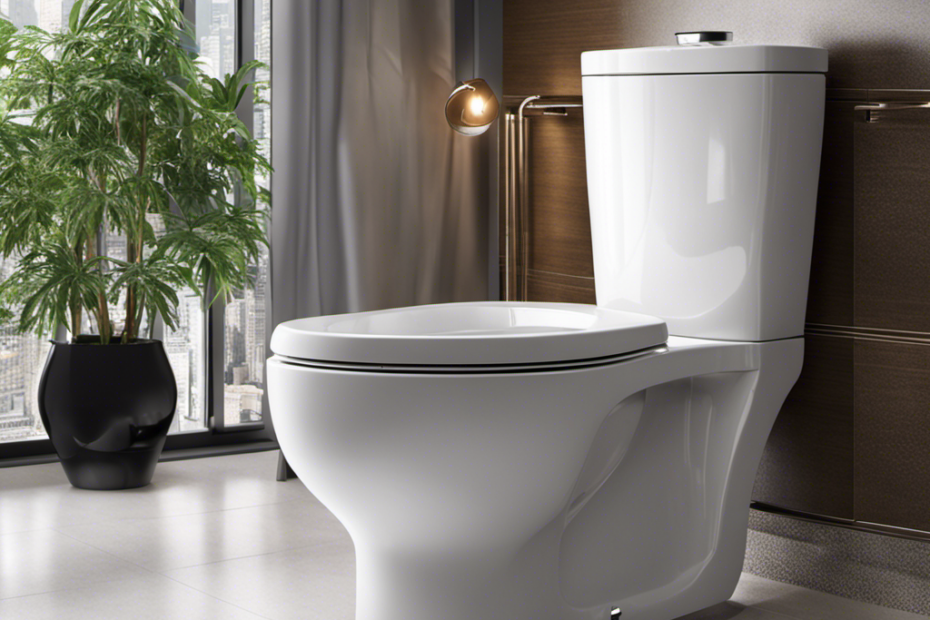 An image showcasing a bright, modern bathroom with a shiny toilet seat