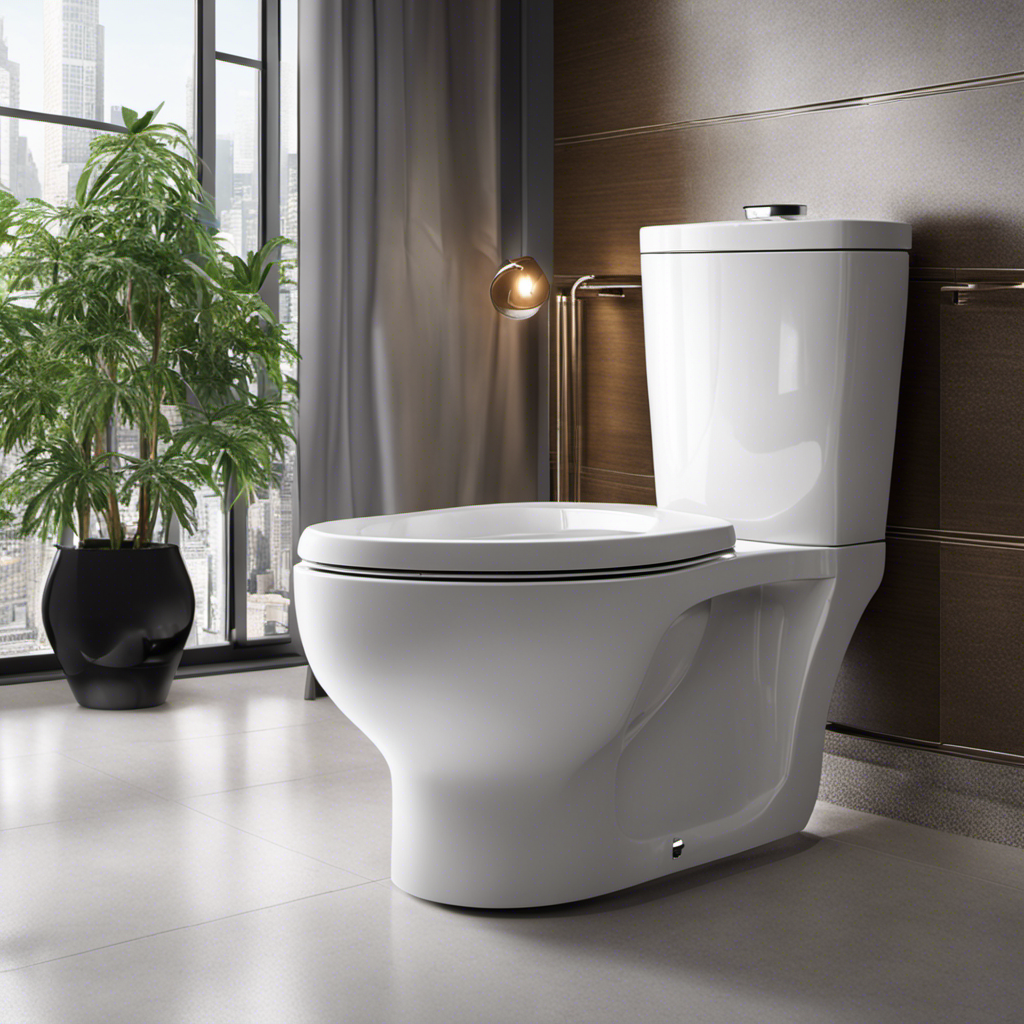 An image showcasing a bright, modern bathroom with a shiny toilet seat