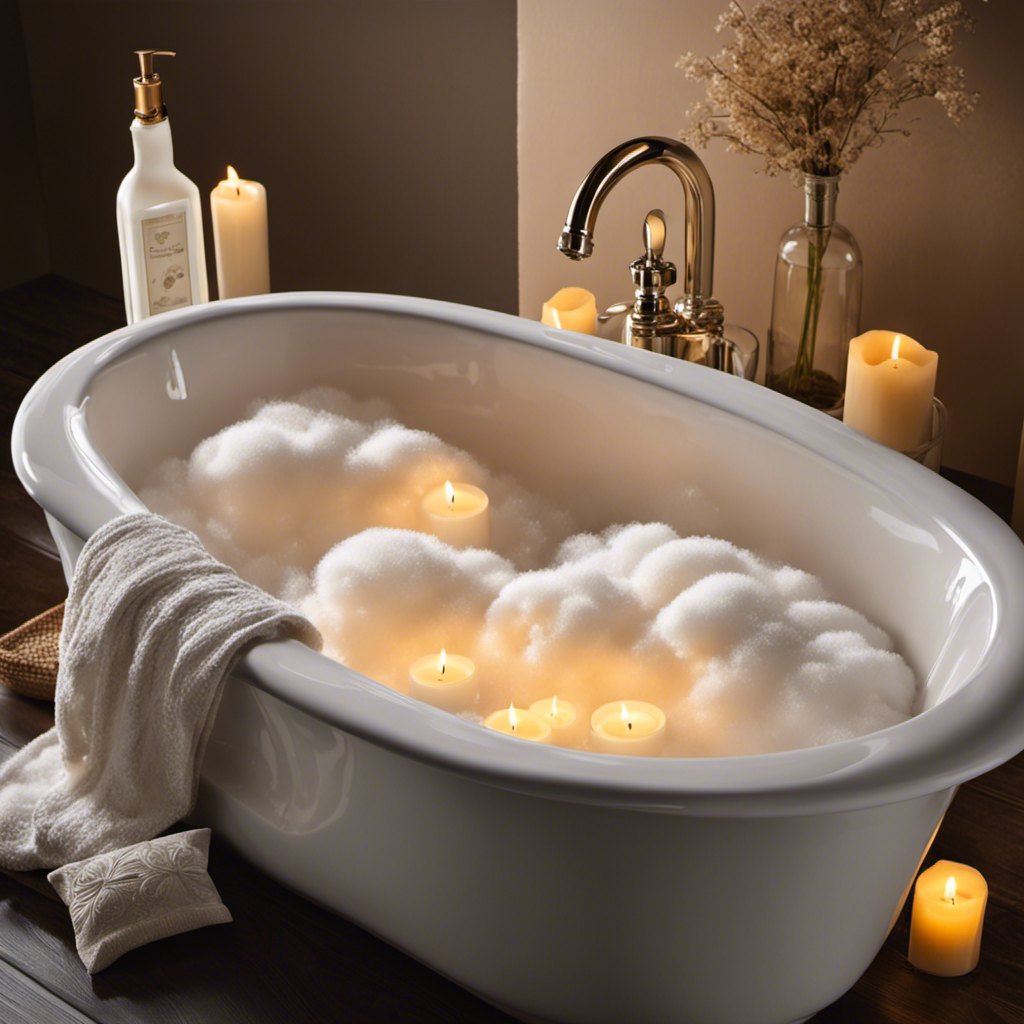 An image showing a pristine white bathtub filled with warm water and fluffy bubbles, with a bottle of dish soap sitting next to it