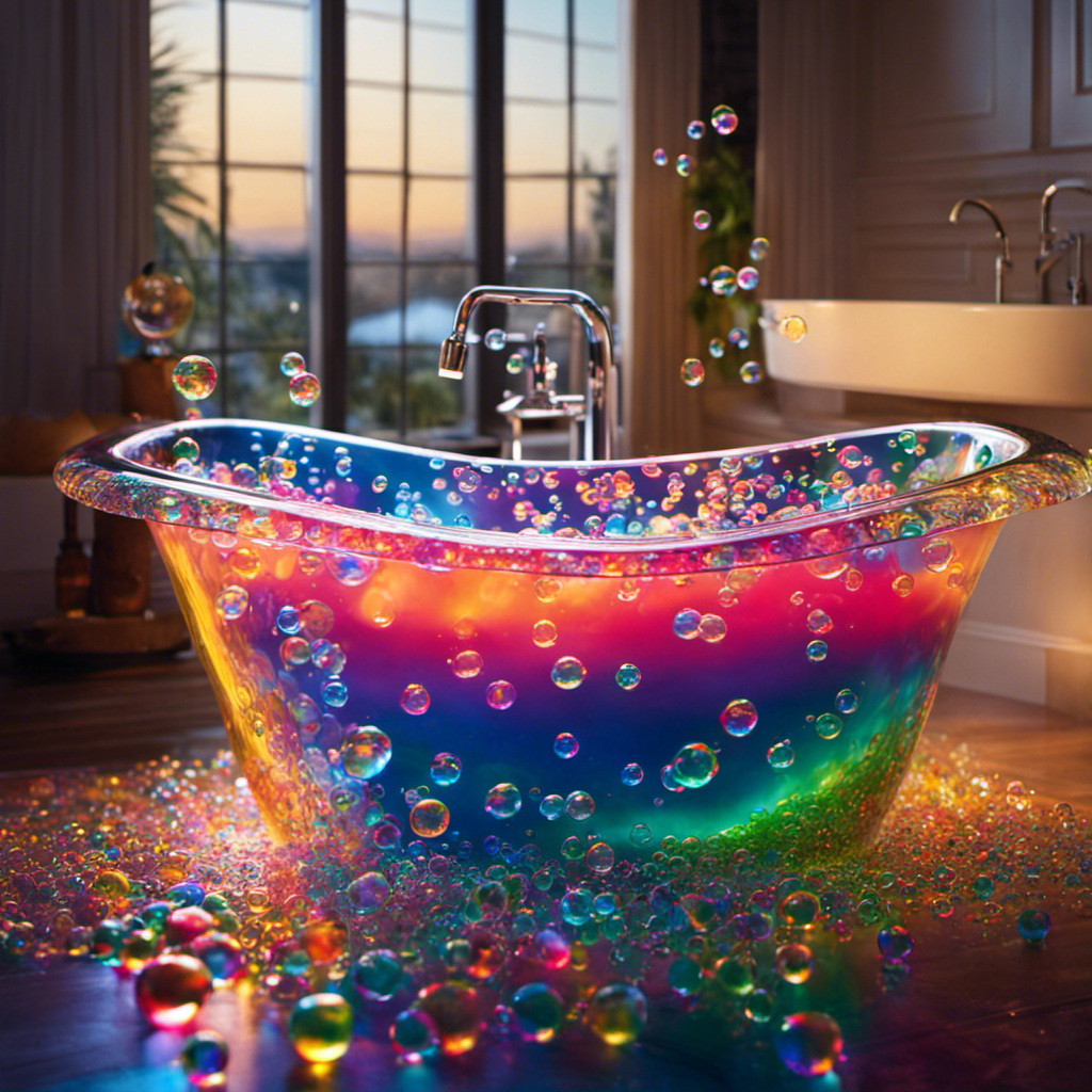 An image showcasing a sparkling bathtub filled with warm water and adorned with vibrant, swirling patterns of colorful dish soap bubbles