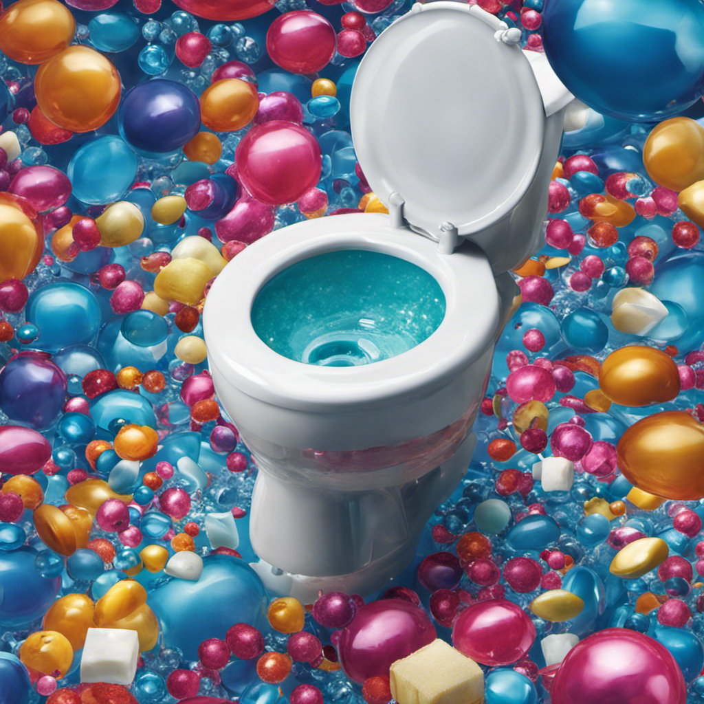 An image showcasing a sparkling clean toilet bowl after a night of pouring blue dish soap into it