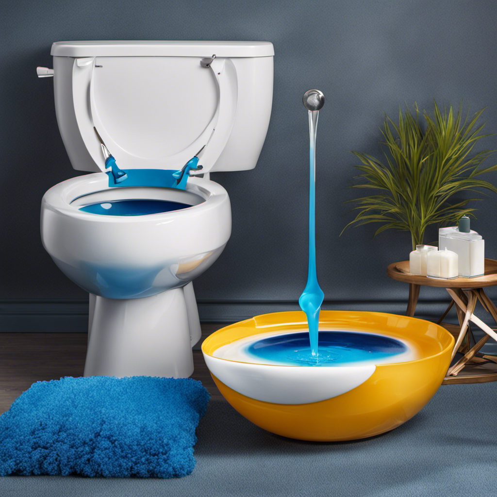 An image showcasing a sparkling clean toilet bowl with a stream of vibrant blue dish soap being poured into it, capturing the curiosity and effectiveness of using dish soap as a toilet cleaner