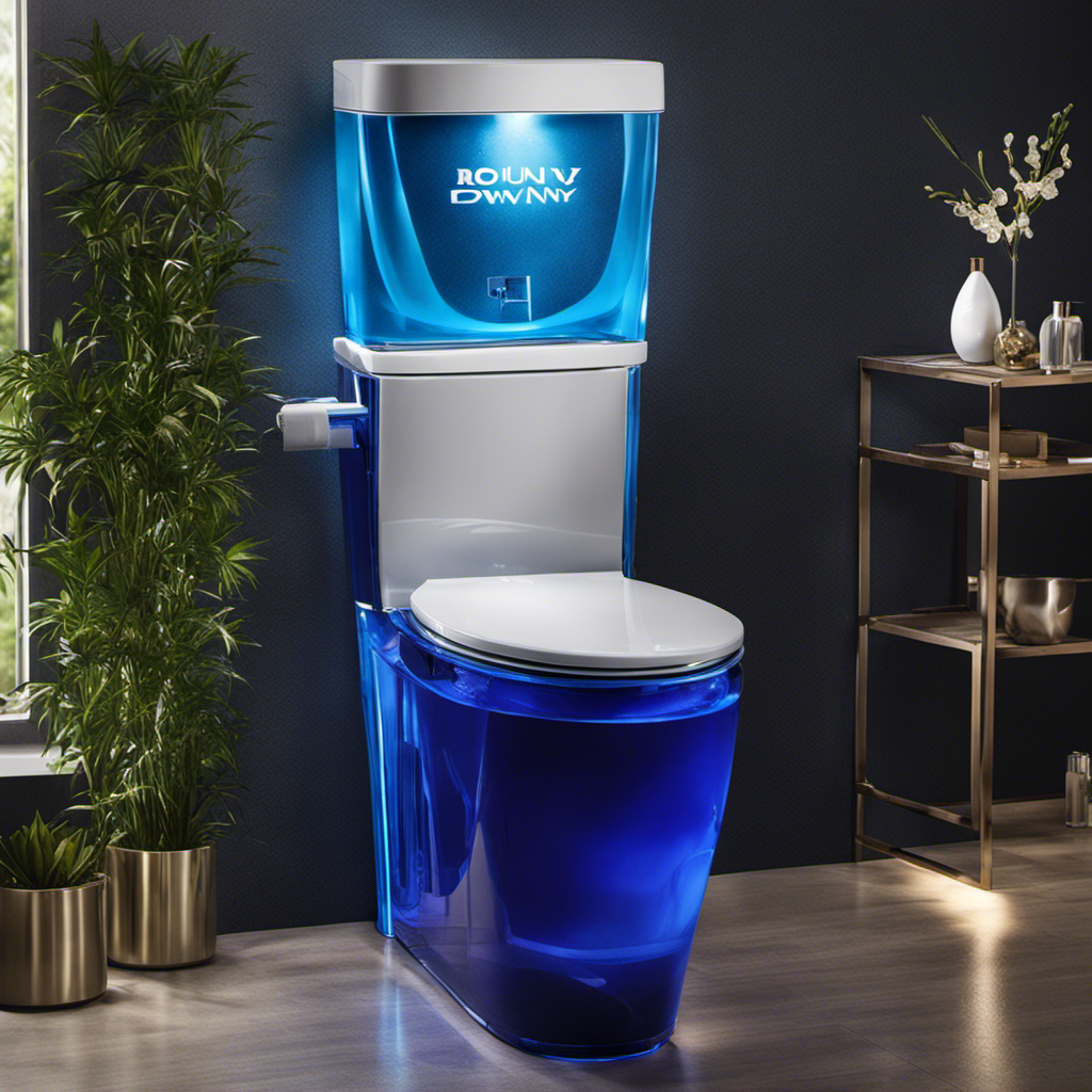 An image of a sparkling, crystal-clear toilet tank, with a translucent Downy liquid cascading from a dispenser into the tank