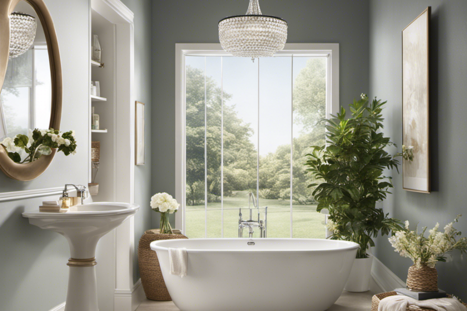 An image showcasing a serene bathroom setting with a toilet tank opened, revealing a fabric softener placed inside
