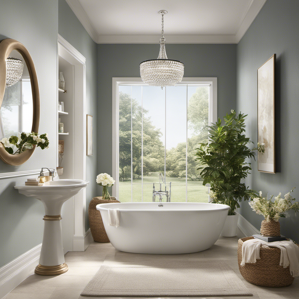 An image showcasing a serene bathroom setting with a toilet tank opened, revealing a fabric softener placed inside