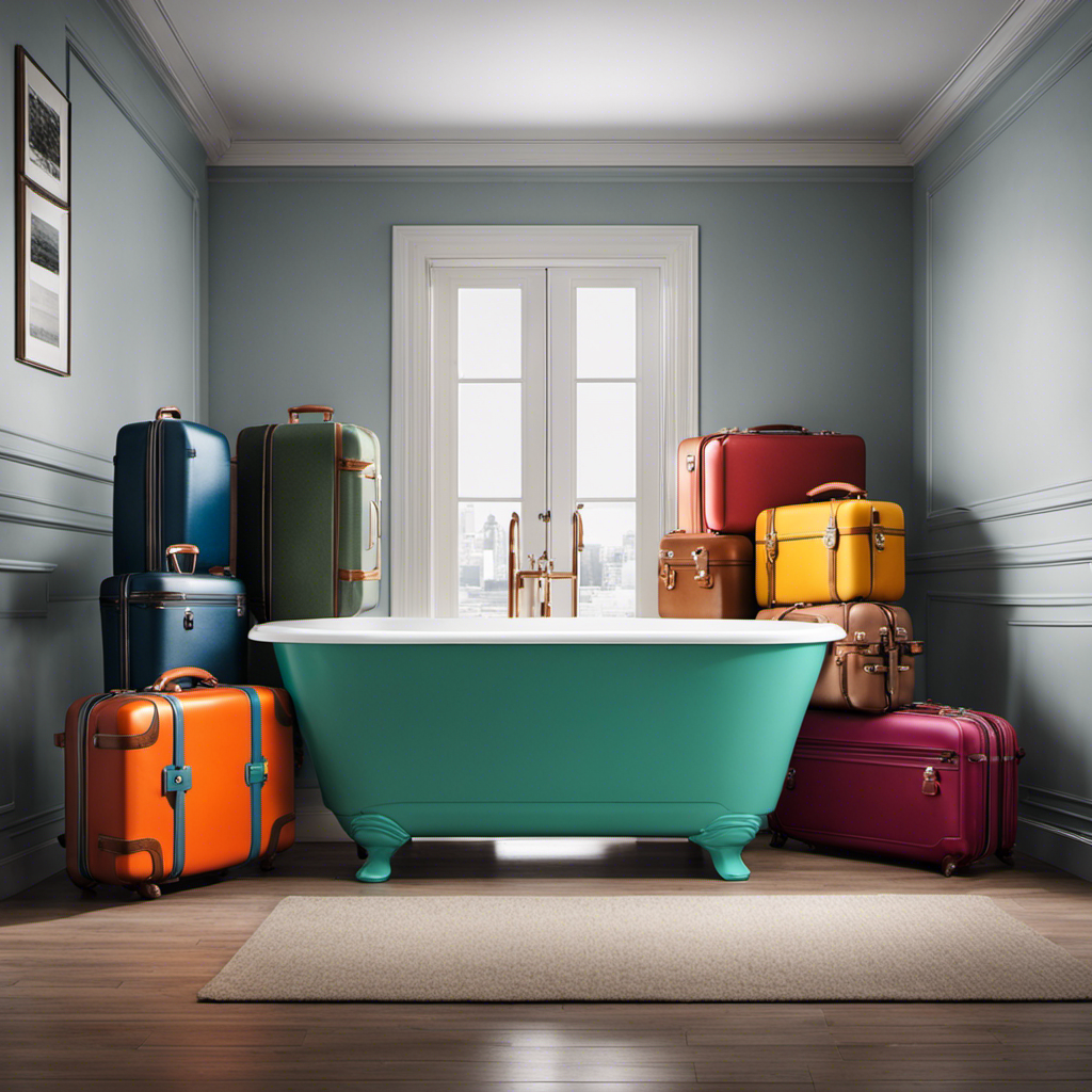 An image of a sleek, modern bathtub overflowing with vibrant, assorted suitcases of different sizes and colors