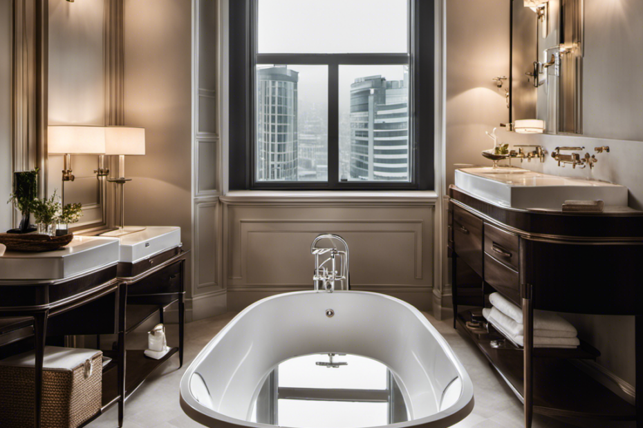An image for a blog post about "Why Put Luggage in Hotel Bathtub?" Show an elegant hotel bathroom with a pristine white bathtub filled with a neatly arranged stack of suitcases, showcasing the practicality and safety of this unconventional storage solution